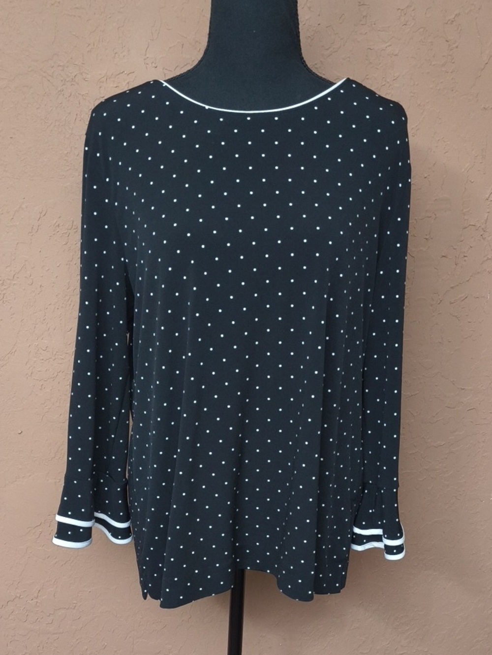 Karl Lagerfeld Women's Black & White Long-Sleeve Polka Dot Top Size Large